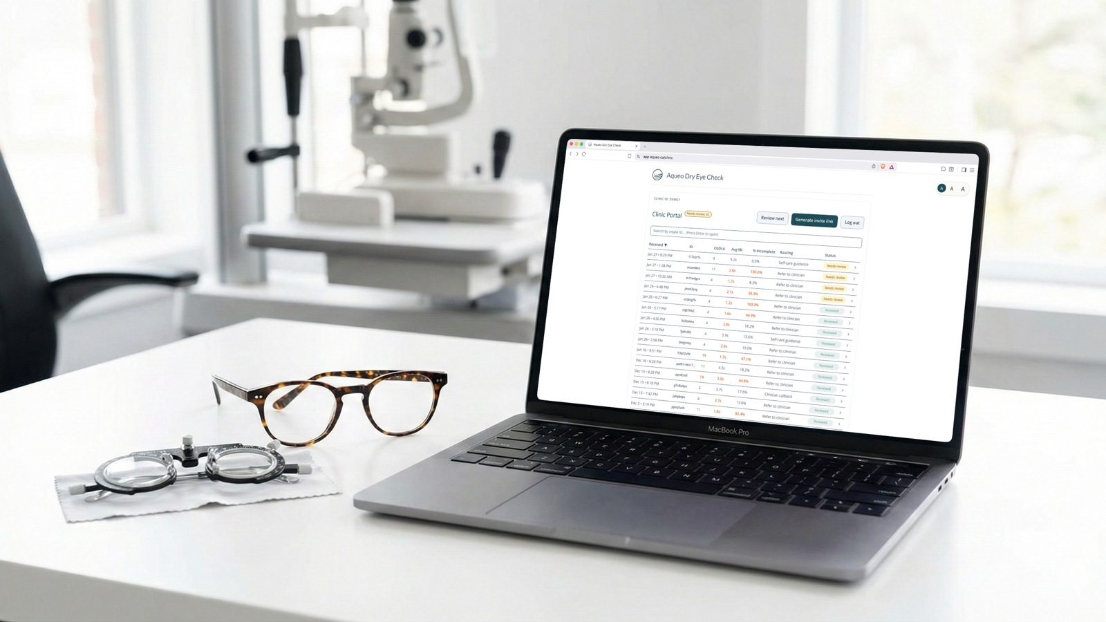 Aqueo Dry Eye Check clinic portal on laptop in clinical setting with eyewear