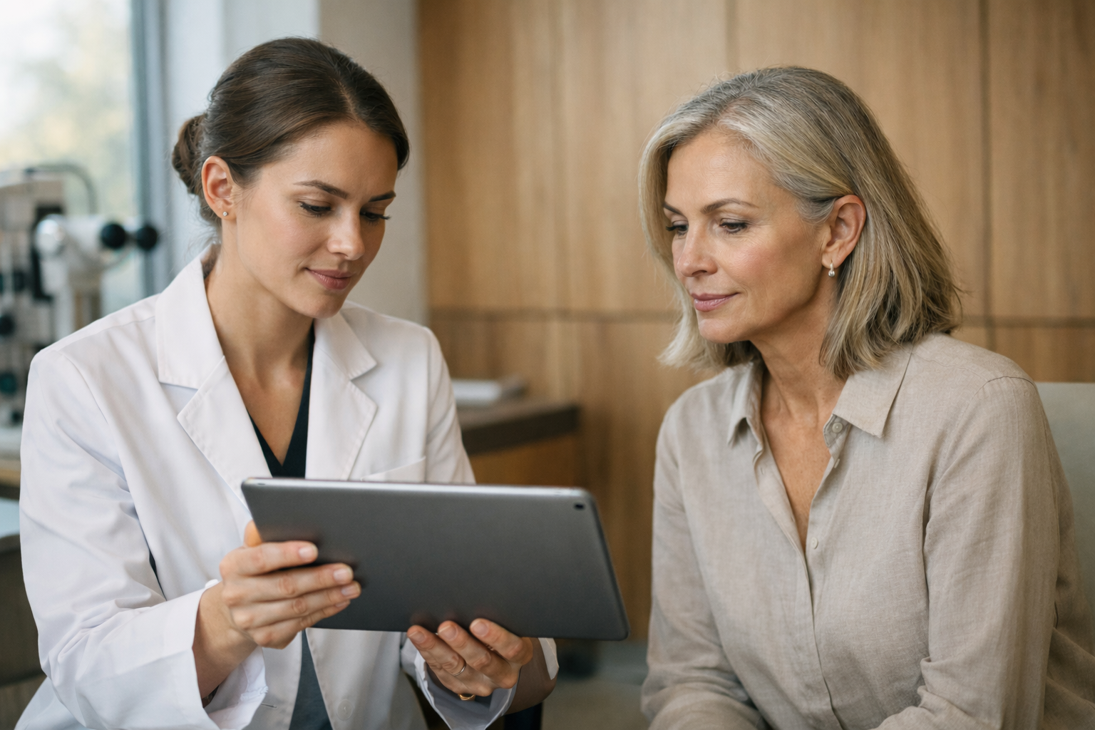Bright, minimalist medical clinic interior with warm neutrals