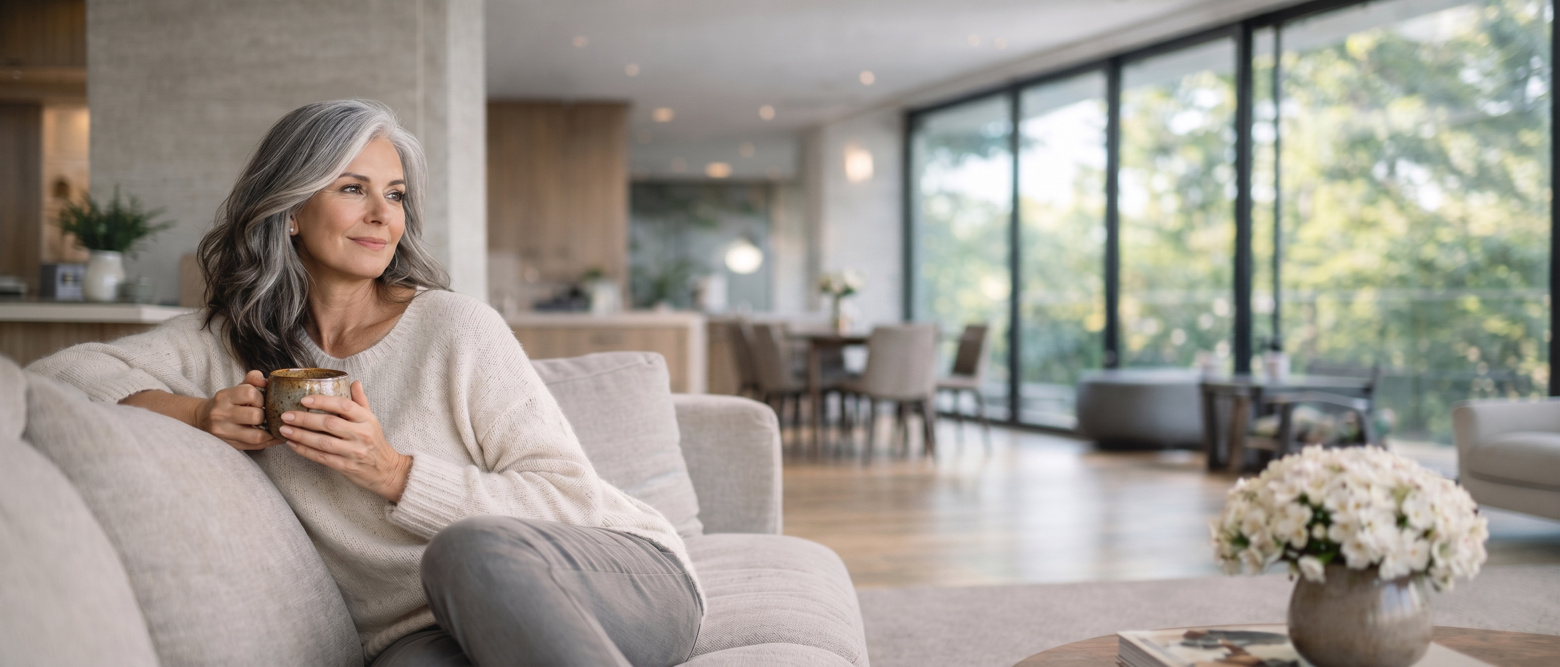 Serene woman enjoying eye comfort in a modern home