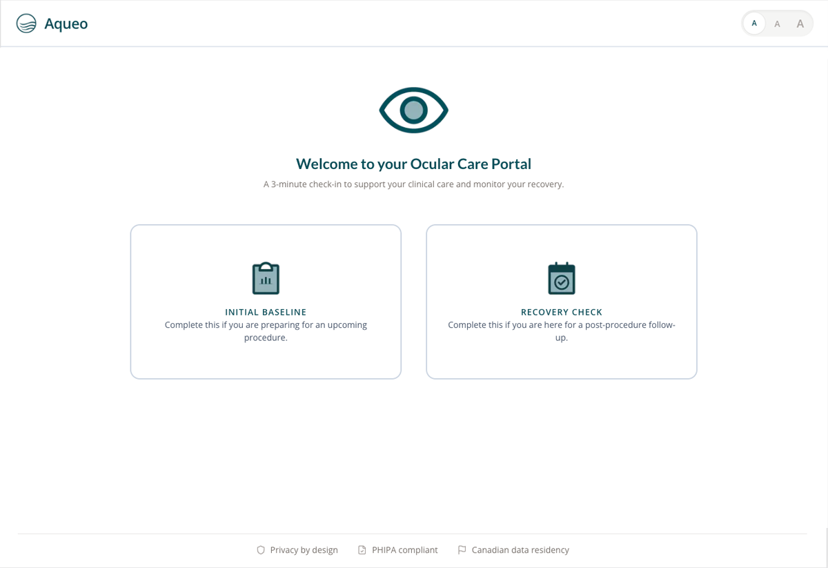 Aqueo patient intake screen showing a symptom questionnaire