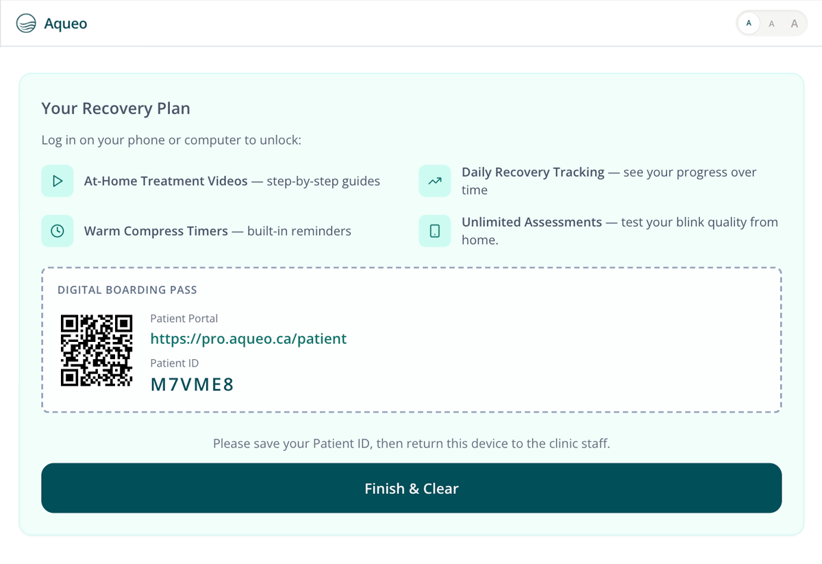 Aqueo patient results screen showing the personalized recovery plan grid