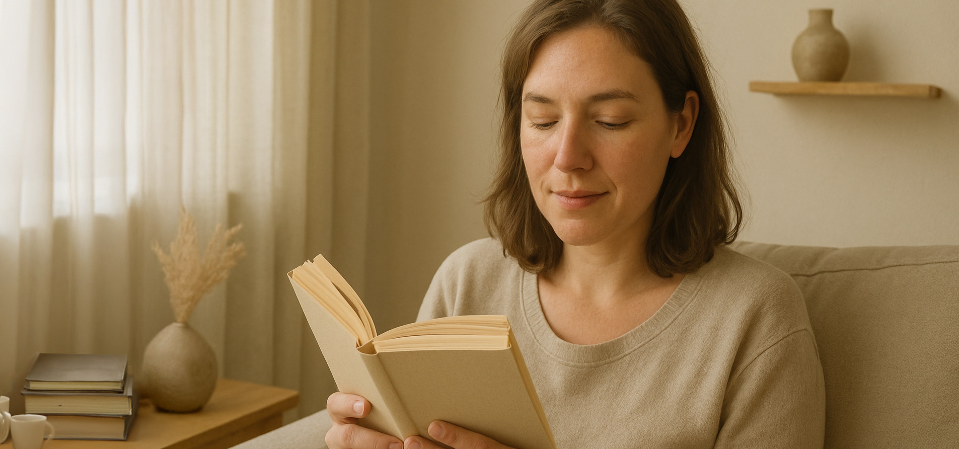 Person reading comfortably in warm natural light