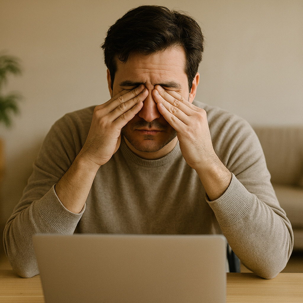 Person at laptop gently rubbing tired eyes